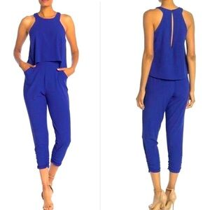 Love...Ady Royal Blue Popover Shirred Leg Capri Jumpsuit pockets Size XS